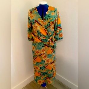 Vintage wrap dress in orange and turquoise